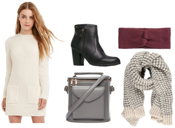 Sweater dress with black booties, knit headband, knit scarf, and gray crossbody satchel