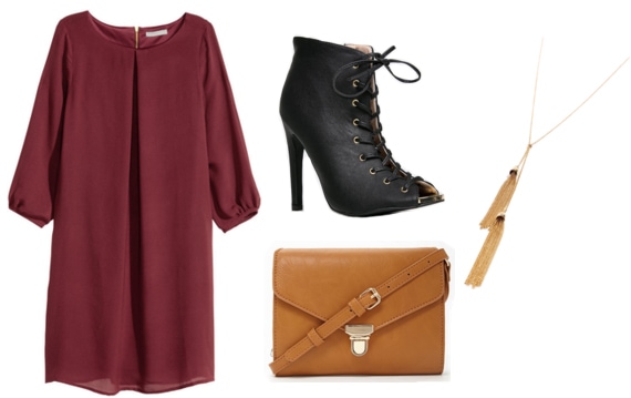 Burgundy dress with tan crossbody, lace up black booties, and gold necklace