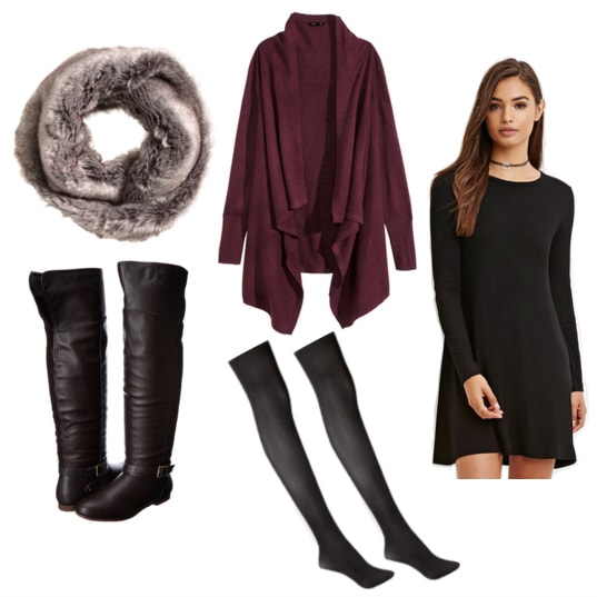 Faux fur scarf, purple cardigan, brown boots, tights, and black dress