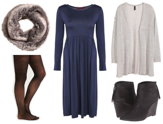 Faux fur scarf, black tights, blue midi dress, sheer gray cardigan, and black wedge booties