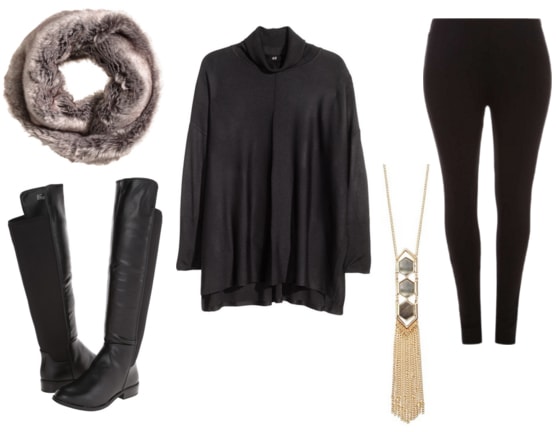 Faux fur, black boots, black oversized sweater, gold necklace, and black leggings