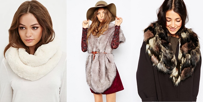 Three models wearing faux fur scarves