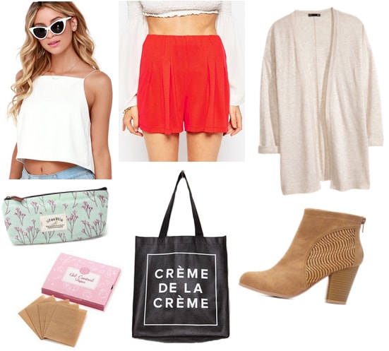 White top with red shorts, cardigan, pencil case, tote, and boots