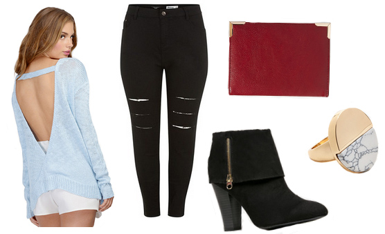 Blue top with black jeans, black booties, red clutch and circle ring