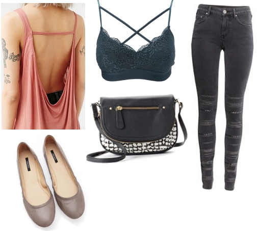 Pink open back tank with green bralette, gray flats, jeans, and crossbody bag