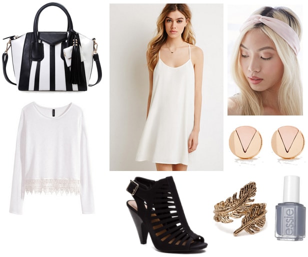 White slip dress with bag, sweater, and hairband