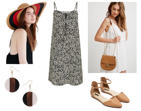 Dotted slip dress with wide-brim hat, striped earrings, flats, and bag