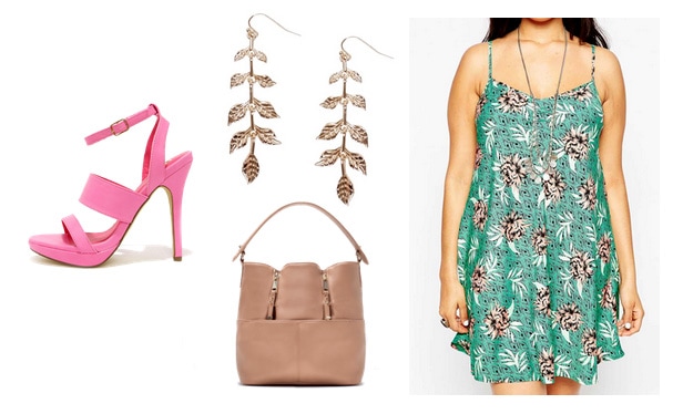 Green print dress with pink heels, bag, and earrings