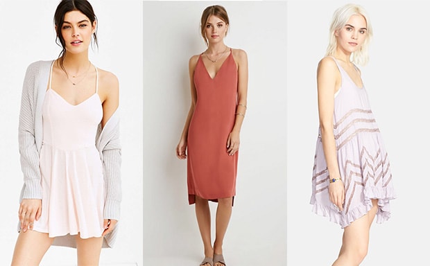 Pink slip dress, orange slip dress, and lavender slip dress