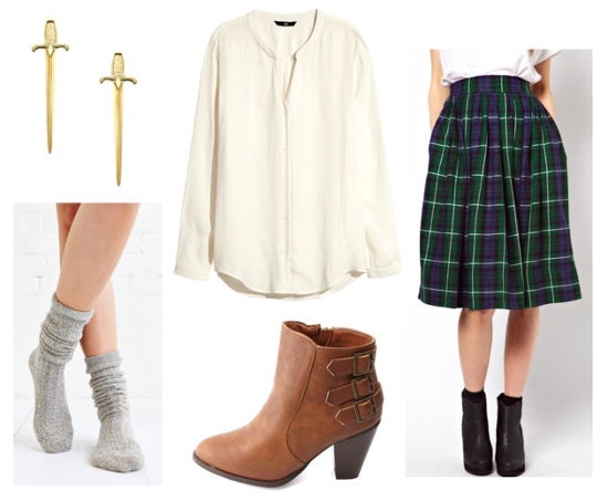 Outlander plaid midi skirt white blouse