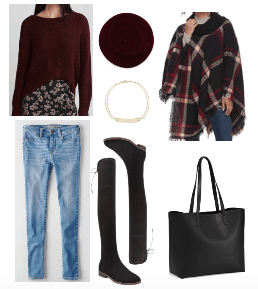 Over-the-knee boots outfit with burgundy accents.