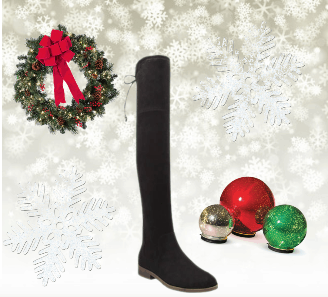 Black over-the-knee boots with winter decorations.