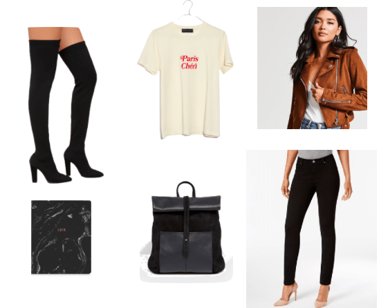 How to style over the knee boots for class with a brown suede jacket, basic black over the knee boots, black jeans, a black backpack, a Paris Cheri tee shirt and a black marble print notebook