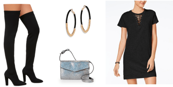 How to style over the knee boots for a night out with a black lace-up tee shirt dress, silver glitter crossbody bag, hoop earrings, and black suede over-the-knee boots