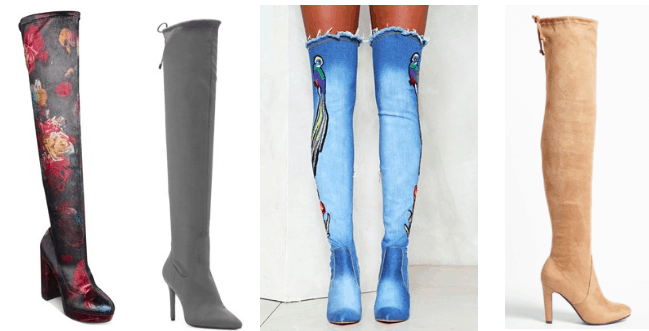 Over the knee boots trend - photos of different boots including a floral pair, a slate gray pair, a denim pair with graphics, and a tan suede pair