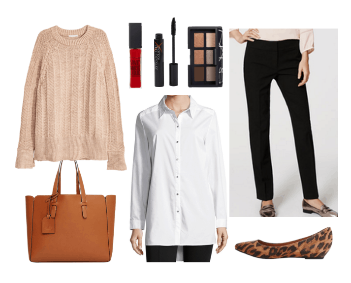 Work outfit idea with oversized sweater, long sleeved shirt, trousers, and wedge flats