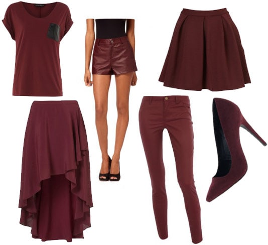 Oxblood items for Fall: Tee shirt with leather pocket, high-low skirt, faux leather shorts, skinny jeans, a-line skirt, pumps