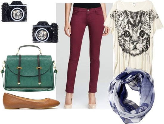 How to wear oxblood jeans for day with a cat print tee, blue skull scarf, tan flats, green satchel, and camera-shaped studs