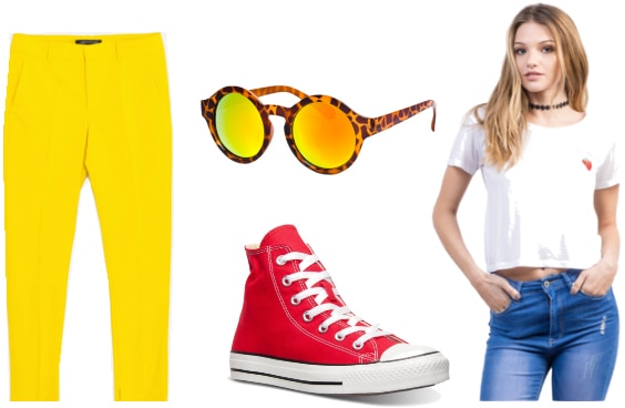 Outfit inspired by Pacman - yellow pants, white tee, red sneakers, sunglasses