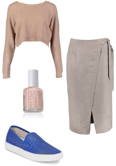 Outfit inspired by Paco Rabanne 2017: Neutral wrap skirt and cropped sweater, blue slip on sneakers