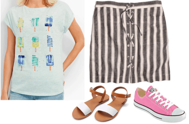 ice cream t-shirt striped skirt sandals pink converses