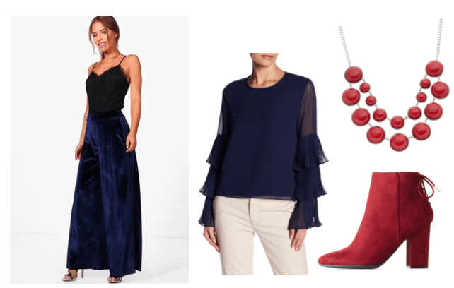 Pajama Sam Outfit Inspiration: Red Bubble Necklace, Red Back Tie Booties, Navy Ruffle Blouse, Navy Velvet Wide Leg Trouser
