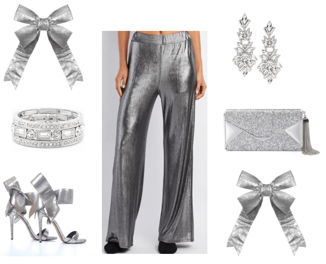 Palazzo pants with silver accessories.