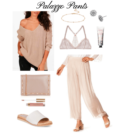 blush sweater, clutch, lip gloss, pants, bralette, hand cream, choker, stud earrings, white slides