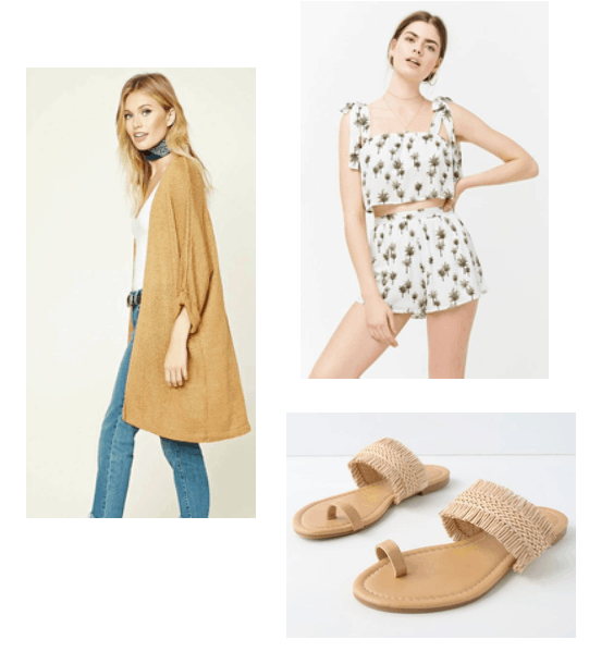 mustard cardigan. palm tree two set, beige sandals