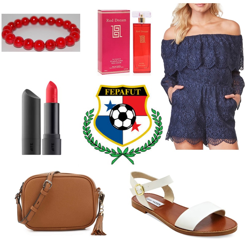 Panama world cup outfit with navy blue lace romper, white shoes, brown bag, red beaded bracelet, red lipstick