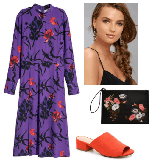 Pantone 2018 color of the year fashion: Outfit with Ultra violet dress, orange mules, black and orange floral clutch, earrings