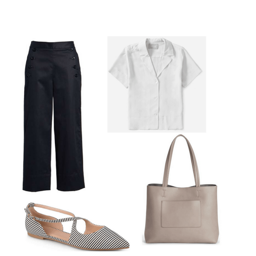 Fashion interview outfit: Pants, blouse, flats, tote