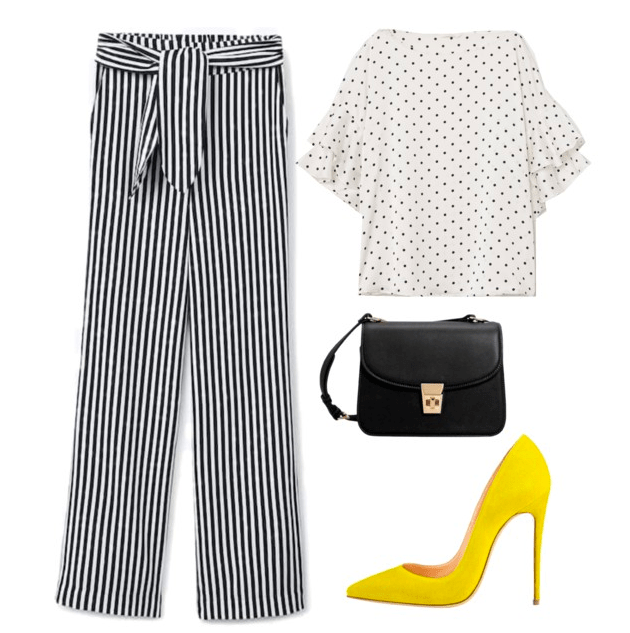 Polyvore set including: Striped pants, a polka dot shirt, yellow heels, and a black crossbody bag.