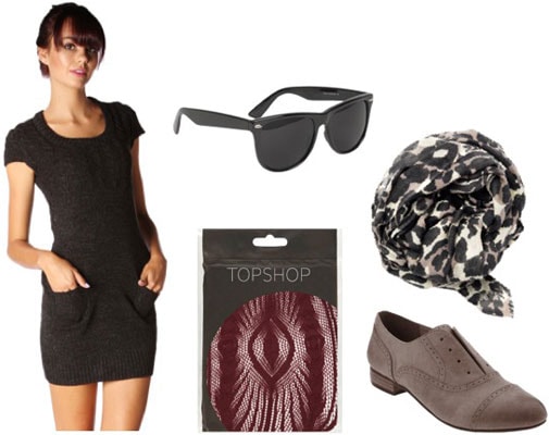 How to wear a Papaya sweater dress with a leopard scarf, patterned tights, and oxfords