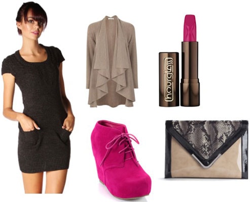 How to wear a Papaya sweater dress with hot pink shoes and statement accessories for a night out
