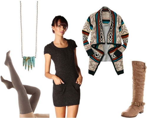 How to wear a Papaya sweater dress with thigh-high socks, a geometric cardigan, colorful necklace, and boots