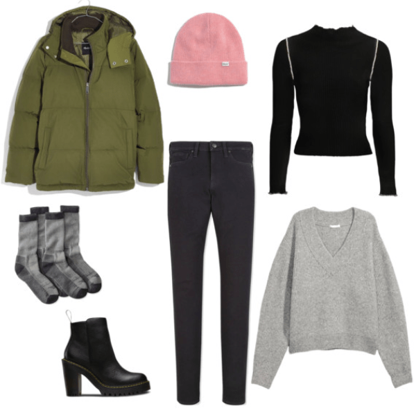 How to wear a parka and still look stylish: Outfit with green parka, dark wash skinny jeans, gray oversized sweater, black henley, millennial pink beanie, cozy wool socks, high heeled black ankle booties