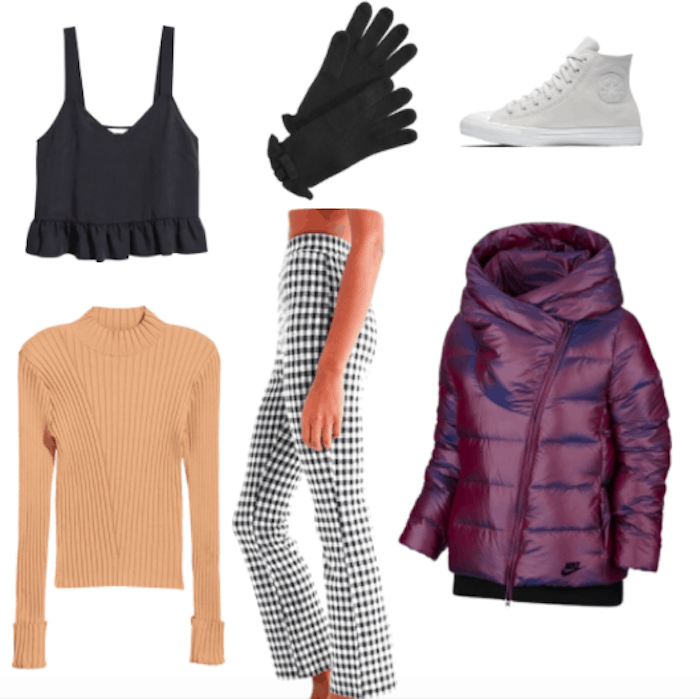 How to wear a parka and still look stylish: Outfit idea with purple parka, plaid pants, black ruffle crop tank, ribbed camel colored sweater, black ruffle gloves, gray high top Converse sneakers