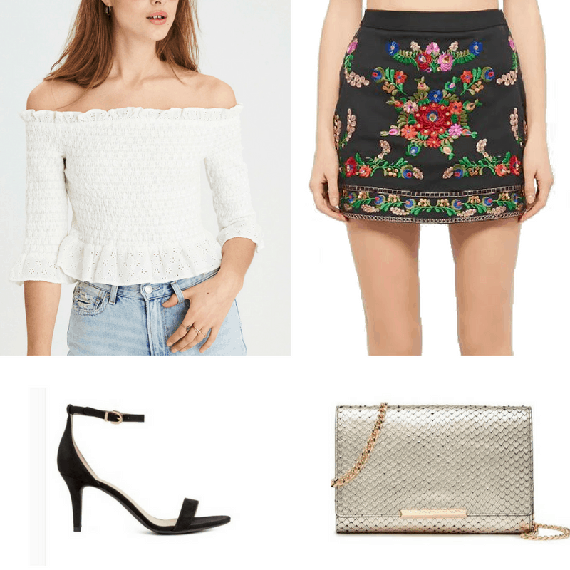 It's official, I'm OBSESSED with embroidery! If you're going on a pub crawl after finals, try out this floral embroidered black skirt with a white off-the shoulders eyelet blouse. To add some bling, don't leave your metallic cross-body bag at home.