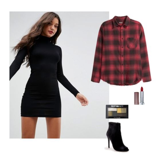 Fall weekend outfit for a party: Turtleneck mini dress, red and black buffalo plaid shirt, red lipstick, neutral eyeshadow, black ankle booties