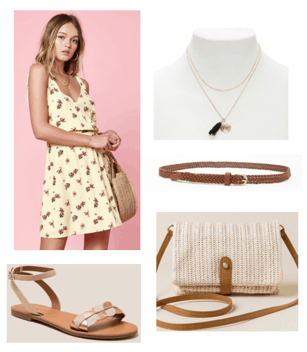 yellow floral dress, gold necklace, "straw bag", peachy sandals, brown belt