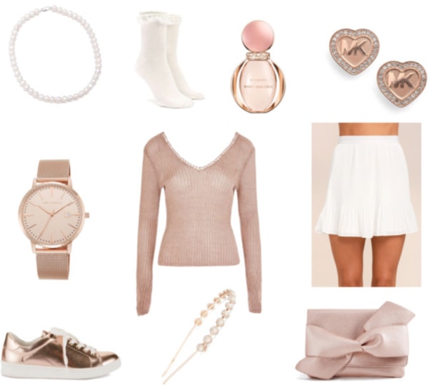 Pastel and rose gold outfit for spring: White pleated mini skirt, blush pink v-neck sweater, rose gold sneakers, rose gold watch, rose gold and pearl headband, Michael Kors heart earrings in rose gold, white ruffle socks, pearl necklace, bow clutch
