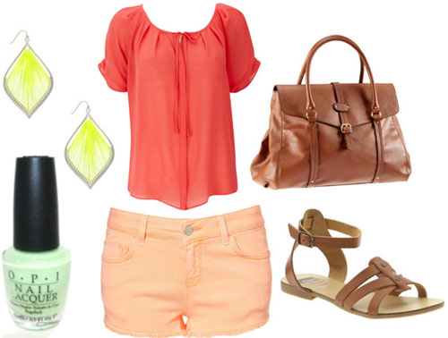 How to wear peach pastel shorts for day with a coral tee, brown satchel, leather sandals, bright earrings and mint nail polish