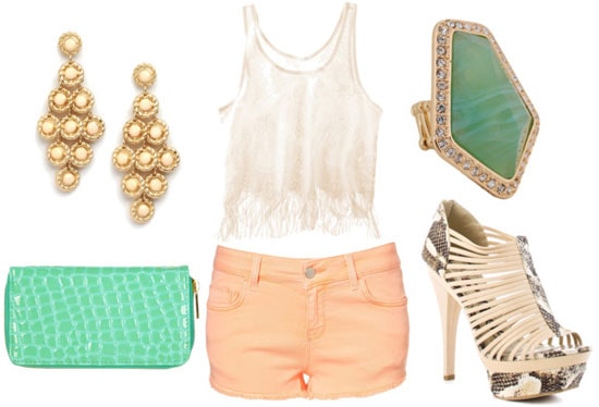 How to wear peach pastel shorts for night with a shredded white tank, turquoise and green accessories, and strappy heels