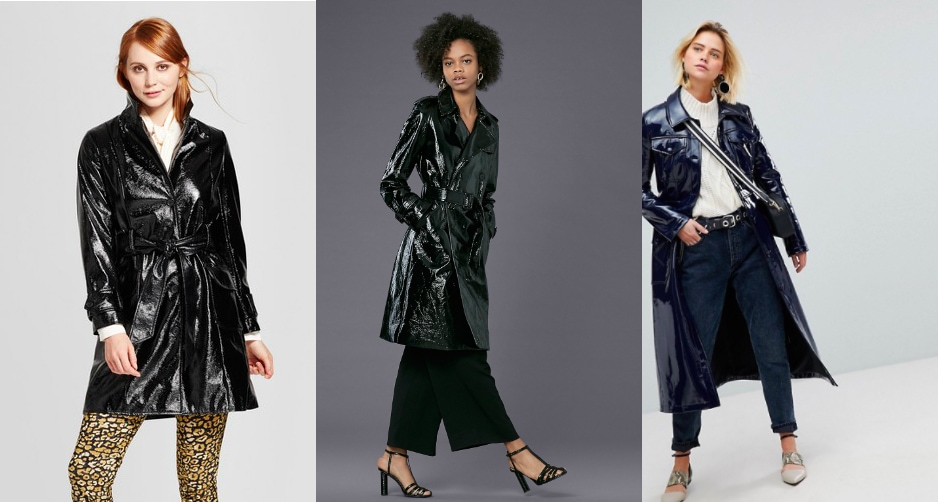 Patent leather trench coat trend (from left to right): a faux patent black trench from Target, a forest green long coat from DVF, and a navy blue extra-long trench from ASOS.