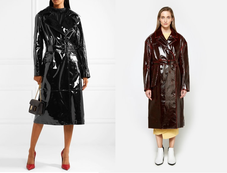 Patent trench coat trend (from left to right): long black patent TOM FORD F/W '17 trench coat and a double breasted oxblood Tibi trench coat with bright red piping.