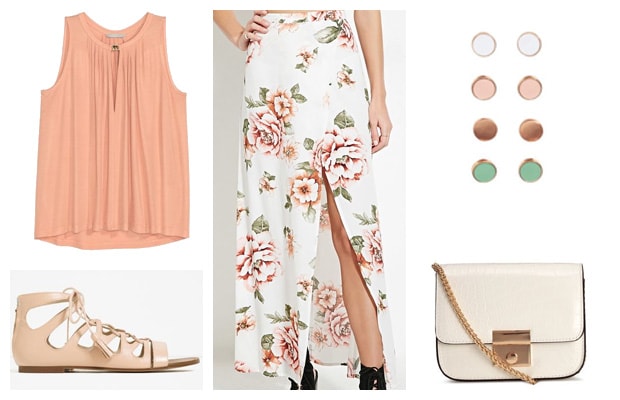 Peach and floral maxi skirt spring outfit