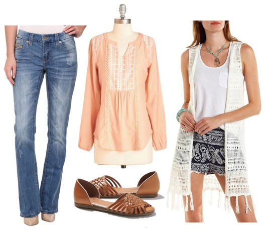 peach blouse, flared jeans, crochet vest, flats