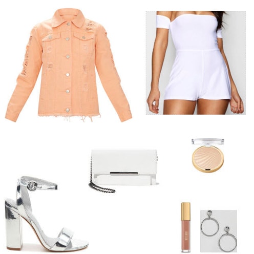 Peach denim jacket with white romper, white & silver Steve madden clutch, metallic silver ankle strap heels, nude milani lipstick, black sunglasses with pearl outlining, summer glow highlight, and silver hoop earrings.