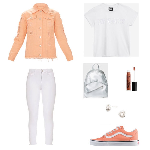 Class to night out peach denim jacket style with white denim jeans, white ivy park shirt, metallic silver backpack, silver studs, peach sneakers, and nyx lip veil